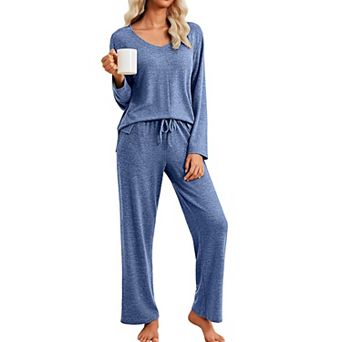 Ekouaer Pajamas Set Long Sleeve Two Piece Lounge Sets V Neck Matching Pajamas Sleepwear Fall Winter