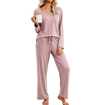 Ekouaer Pajamas Set Long Sleeve Two Piece Lounge Sets V Neck Matching Pajamas Sleepwear Fall Winter
