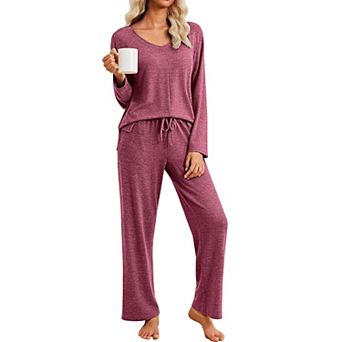 Ekouaer Pajamas Set Long Sleeve Two Piece Lounge Sets V Neck Matching Pajamas Sleepwear Fall Winter