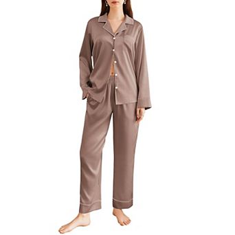 Ekouaer Satin Pajama Set Silky Sleepwear Long Sleeve Top and Pants Button Down Pajamas Lounge Set