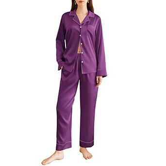 Ekouaer Satin Pajama Set Silky Sleepwear Long Sleeve Top and Pants Button Down Pajamas Lounge Set