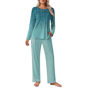Ekouaer Womens Pajama Sets Pleated Tops with Long Pants Lounge Set Long Sleeve Ladies Pajamas