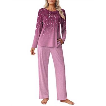 Ekouaer Womens Pajama Sets Pleated Tops with Long Pants Lounge Set Long Sleeve Ladies Pajamas