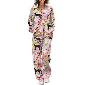 Ekouaer Womens Satin Silky Sets Two Piece Animal Print Sets Button Down Long Sleeve Outfits