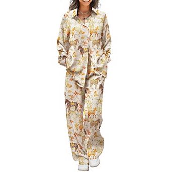 Ekouaer Womens Satin Silky Sets Two Piece Animal Print Sets Button Down Long Sleeve Outfits