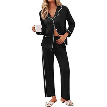 Ekouaer Pajamas Set Button Down Pajama Long Sleeve Shirt and Pants Lounge Sets Sleepwear
