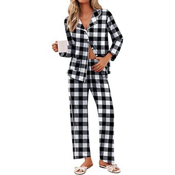 Ekouaer Pajamas Set Button Down Pajama Long Sleeve Shirt and Pants Lounge Sets Sleepwear