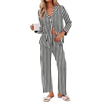 Ekouaer Pajamas Set Button Down Pajama Long Sleeve Shirt and Pants Lounge Sets Sleepwear
