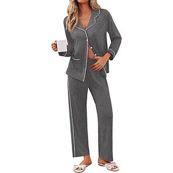 Ekouaer Pajamas Set Button Down Pajama Long Sleeve Shirt and Pants Lounge Sets Sleepwear