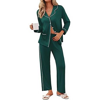 Ekouaer Pajamas Set Button Down Pajama Long Sleeve Shirt and Pants Lounge Sets Sleepwear