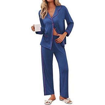 Ekouaer Pajamas Set Button Down Pajama Long Sleeve Shirt and Pants Lounge Sets Sleepwear