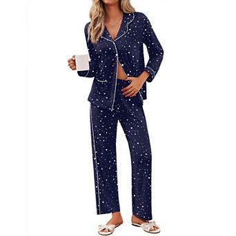 Ekouaer Pajamas Set Button Down Pajama Long Sleeve Shirt and Pants Lounge Sets Sleepwear