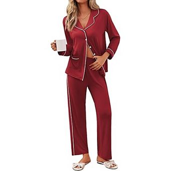 Ekouaer Pajamas Set Button Down Pajama Long Sleeve Shirt and Pants Lounge Sets Sleepwear