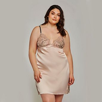 Satin Chemise with Eyelash Lace Nightgown (Plus Size)