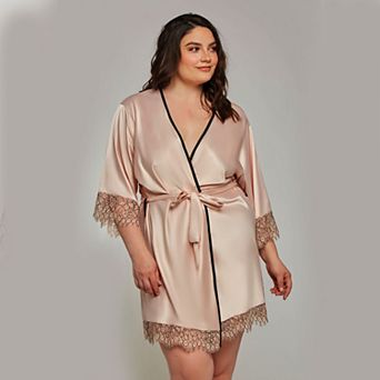 Satin Robe with Eyelash Lace Trim (Plus Size)