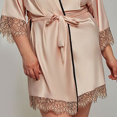 Satin Robe with Eyelash Lace Trim (Plus Size)