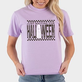 Just Waiting For Halloween Checkered - Women's Garment Dyed Graphic T-Shirt