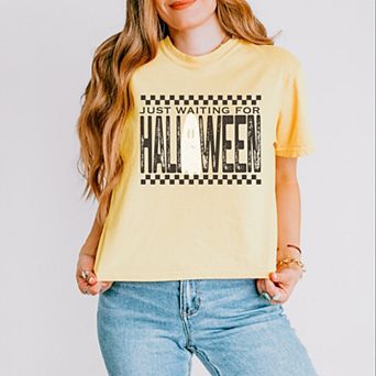Just Waiting For Halloween Checkered - Women's Boxy Crop Top Graphic T-Shirt