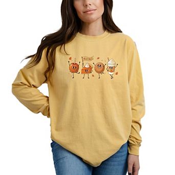 Hello Fall Stick Figures - Women's Garment Dyed Long Sleeve Graphic T-Shirt