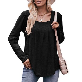 Women's Square Neck Long Sleeve Tops, Pleated Front Casual Blouse, Puff Shoulder Loose Tunic Shirts