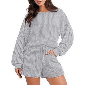 Womens Loungewear Set Ribbed Knit Long Sleeve Sweater tops and Shorts 2 pc Outfit
