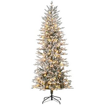 HOMCOM 7.5ft Flocked Artificial Christmas Tree with Warm Yellow Clear Light