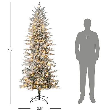 HOMCOM 7.5ft Flocked Artificial Christmas Tree with Warm Yellow Clear Light