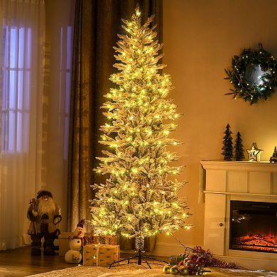 HOMCOM 7.5ft Flocked Artificial Christmas Tree with Warm Yellow Clear Light
