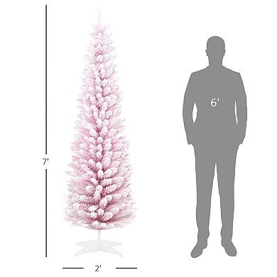 HOMCOM 7ft Snow Flocked Artificial Christmas Tree Slim with Stand
