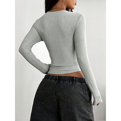 Women's V Neck Ribbed Knit Long Sleeve Top, Form Fitting Cropped Casual Basic Tee