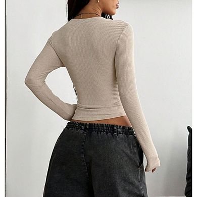 Women's V Neck Ribbed Knit Long Sleeve Top, Form Fitting Cropped Casual Basic Tee