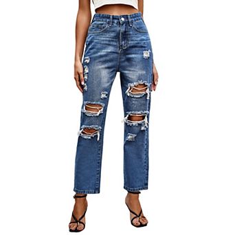 Womens High Waisted Crop Jeans Ripped Straight Leg Pants Vintage Distressed Denim Pants
