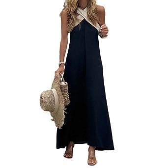 Women's Cross Halter Maxi Dress, Sleeveless Flowy Linen-Like Sundress, Casual Beach Cover Up