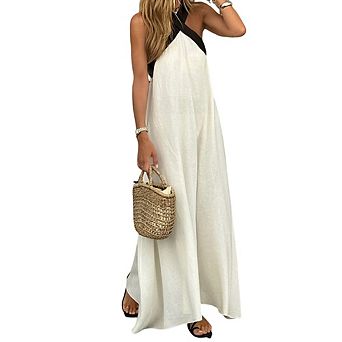 Women's Cross Halter Maxi Dress, Sleeveless Flowy Linen-Like Sundress, Casual Beach Cover Up