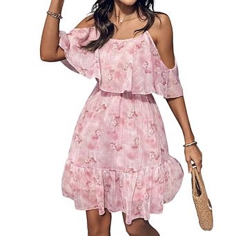 Women's Floral Cold Shoulder Strap Dress Ruffle Waist A-Line Short Chiffon Vacation Dress