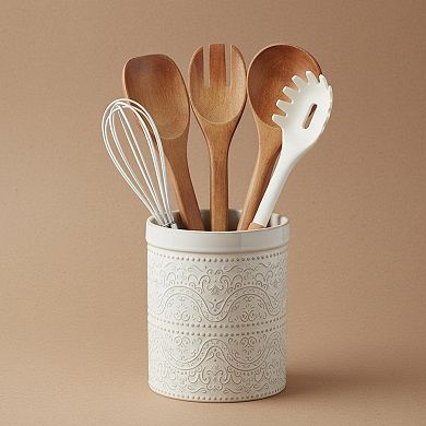 Large Ceramic Kitchen Utensil Holder Lace Emboss Countertop Organizer Durable