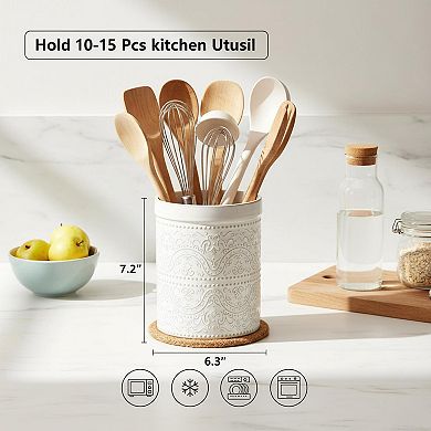 Large Ceramic Kitchen Utensil Holder Lace Emboss Countertop Organizer Durable