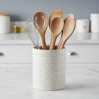 Large Ceramic Kitchen Utensil Holder Lace Emboss Countertop Organizer Durable