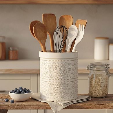 Large Ceramic Kitchen Utensil Holder Lace Emboss Countertop Organizer Durable