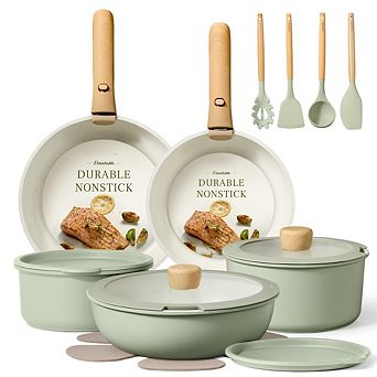 MOEPLSYGreen Nonstick Cookware Set 19 pc induction-ready set with detachable handles, oven safe