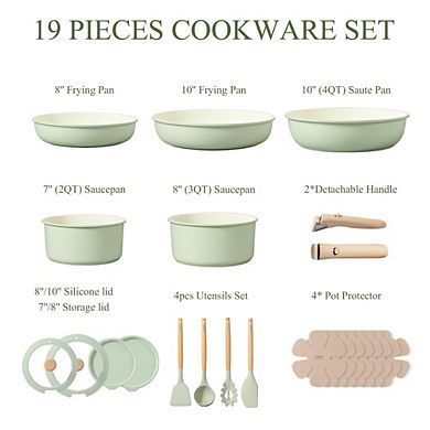 MOEPLSYGreen Nonstick Cookware Set 19-piece induction-ready set with detachable handles, oven safe