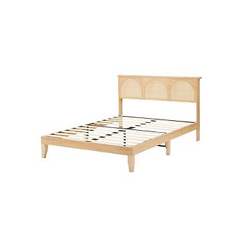 Boho Rattan Bed Frame with RGB LED Headboard & Underbed Storage - Solid Wood Platform