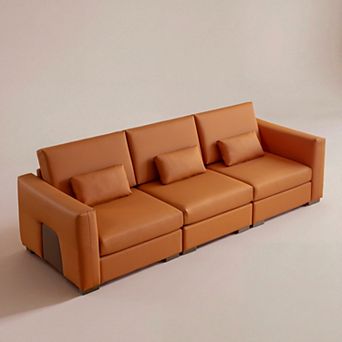 108.7"W Orange Leather Sofa, Modern Comfy Couch with 2 Pillows and Removable Cover for Home Office
