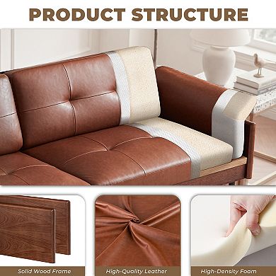 90.6-inch Solid Wood Tufted Couch with Pillow, Luxury Leather Sofa with Deep Seat for Living Room
