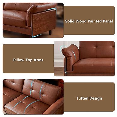 90.6-inch Solid Wood Tufted Couch with Pillow, Luxury Leather Sofa with Deep Seat for Living Room