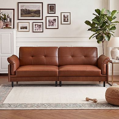 90.6-inch Solid Wood Tufted Couch with Pillow, Luxury Leather Sofa with Deep Seat for Living Room