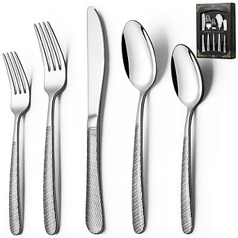 Elegant Hammered 40 pc Silverware Set, Dishwasher Safe Flatware for 8