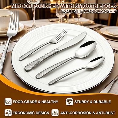 Elegant Hammered 40-Piece Silverware Set, Dishwasher Safe Flatware for 8