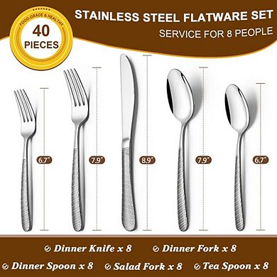 Elegant Hammered 40-Piece Silverware Set, Dishwasher Safe Flatware for 8