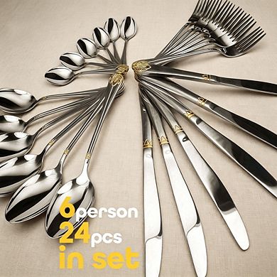 Limited Edition 24-Piece Silverware Set with Gold Accents, Flatware Service for 6